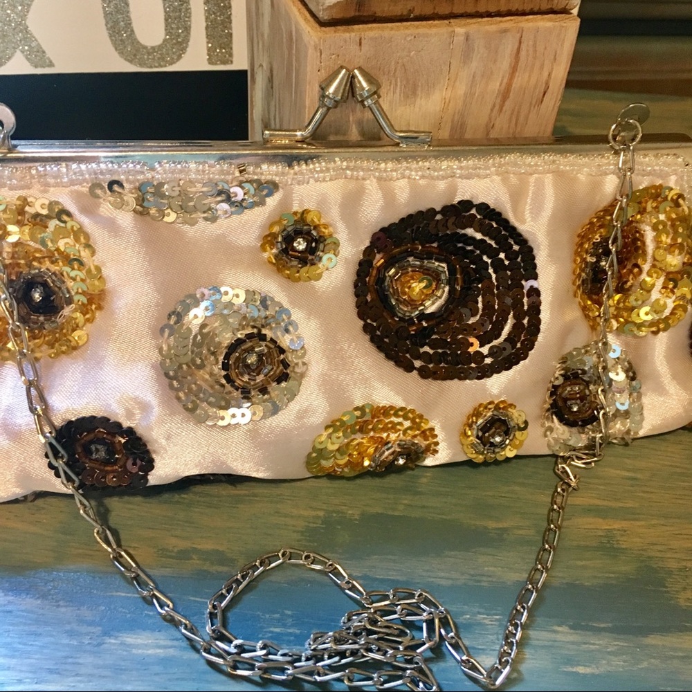 White satin beaded clutch